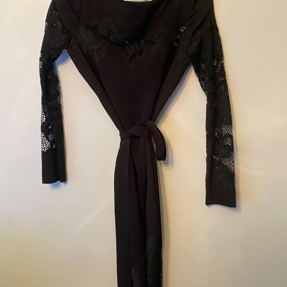 Diane Von Furstenberg DVF Black Ernestina Lace Trim Sash Tie Stretch Silk Dress - Picture 3 of 9